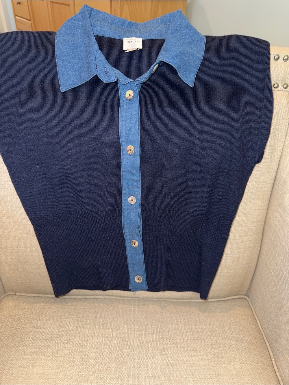 Maeve Navy Knit Sleeveless Cardigan with Chambray Trim